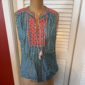 J CREW | teal and pink sleeveless tassel blouse 6